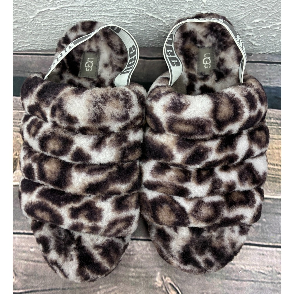 UGG Fluff Yeah Slide Panther Print Slippers Womens 9 Leopard Logo Strap 1120903 - Picture 3 of 8